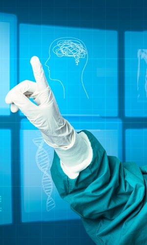 Hand in medical glove pointing to virtual screen medical technology